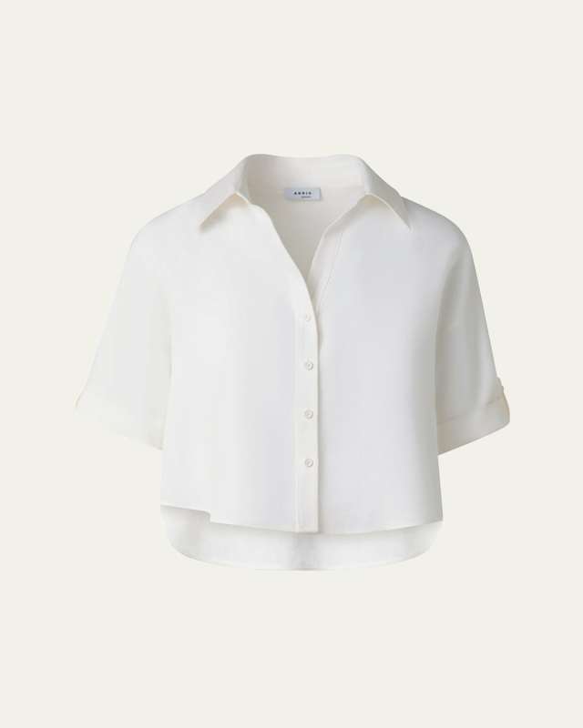 Short-Sleeve High-Low Button-Down Blouse